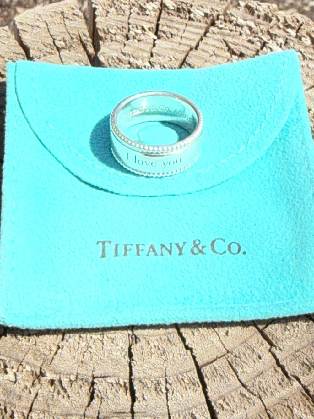 Tiffany & Co. Sterling Silver 'I love you' Wide Band Ring with bag